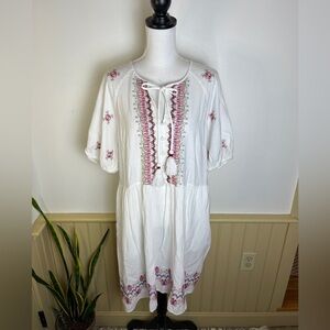 Knox Rose XXL White Embroidered Dress Boho Peasant Cottagecore Tassel Tie